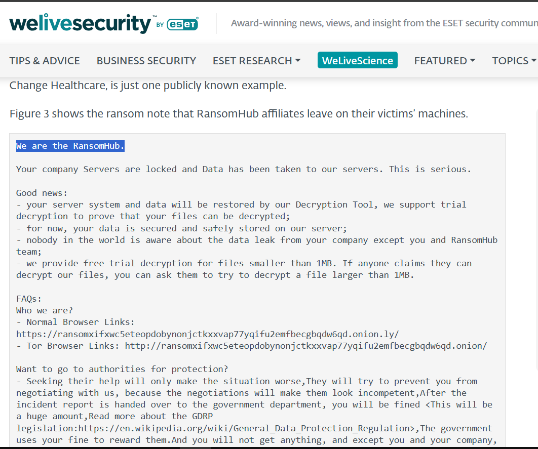 ESET WeLiveSecurity article showing the full RansomHub ransom note. First line highlighted in blue: "We are the RansomHub." Full note reads: "Your company Servers are locked and Data has been taken to our servers. This is serious. Good news: your server system and data will be restored by our Decryption Tool... Tor Browser Links: http://ransomxifxwc5eteopdobynonjctkxxvap77yqifu2emfbecgbqdw6qd.onion/"